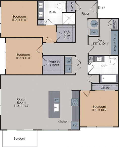 Floor plan for 3 beds, 2 baths, 1166 sqft